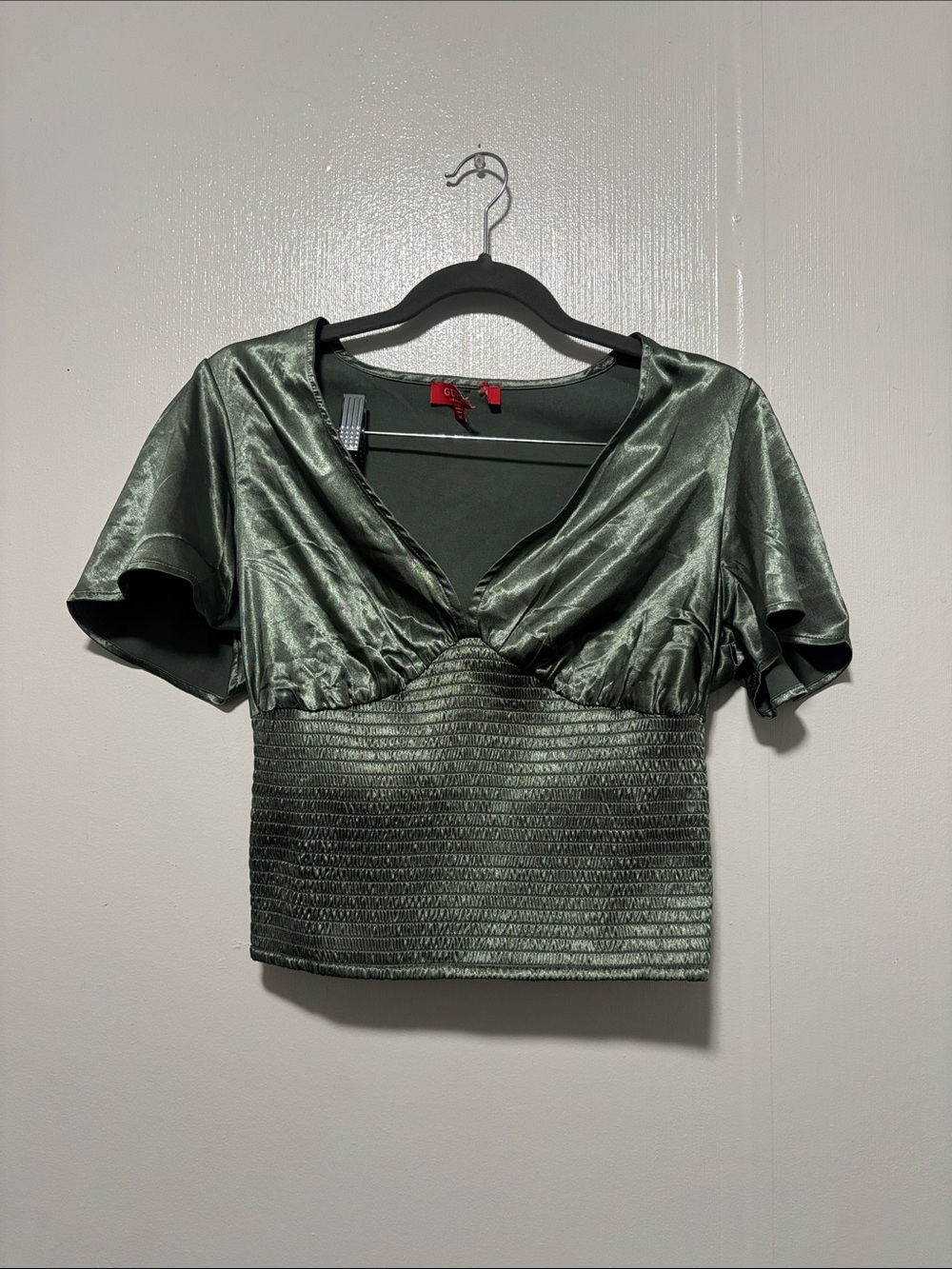 Guess Angelic Satin Smocked Top in a green/sage
